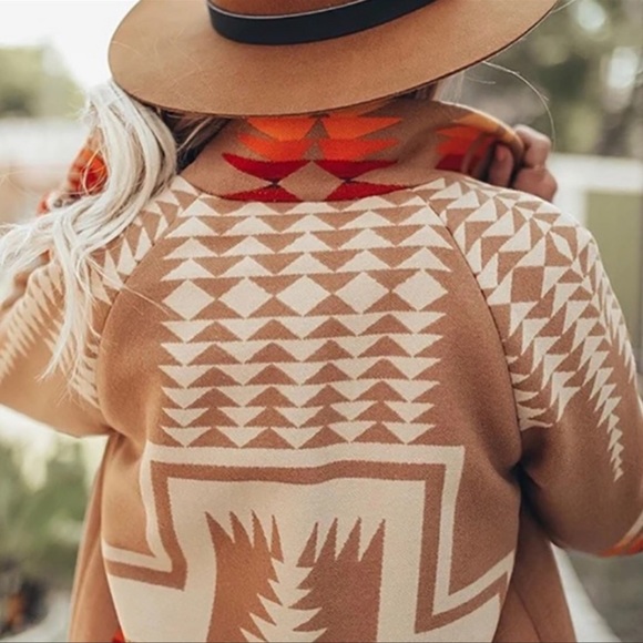 Boho Tribal Aztec Native Button Down Jacket Trench Coat - Picture 3 of 7